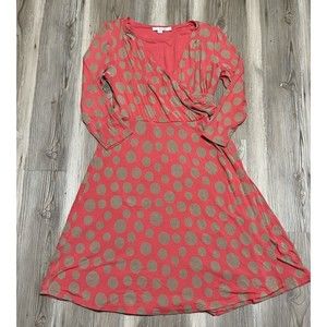 Boden Womens 14R Rosebury Polka Dot Jersey Midi Wrap Dress 3/4 Sleeve Salmon/Tan